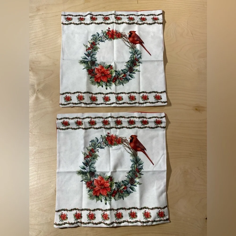 Set of 2 Festive Cardinal Wreath Holiday Pillow Covers 17” x 17” (MV)